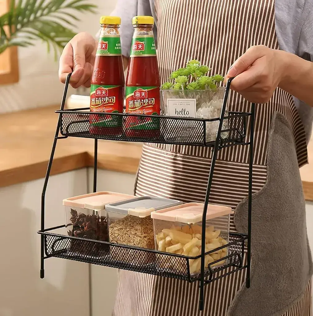 2-Tier Portable Black Metal Mesh Kitchen Storage Basket